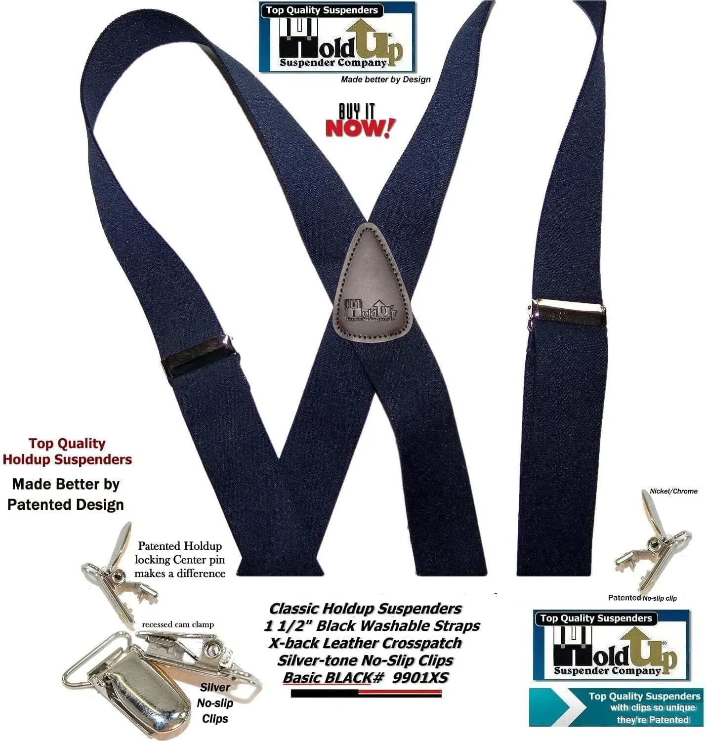 1 1/2" Wide Classic Series Holdups Suspenders for Men in X-back style w/USA Patented No-slip® Silver Clips