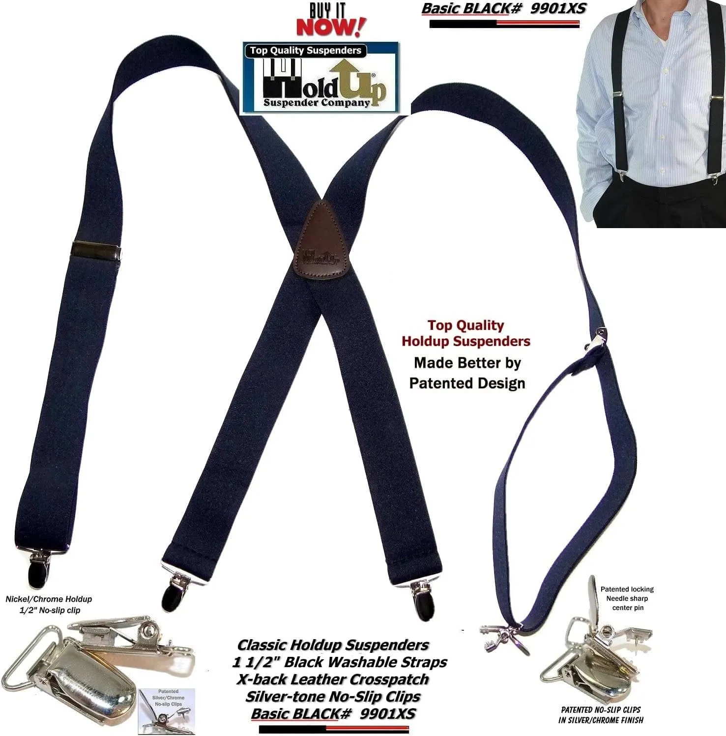 1 1/2" Wide Classic Series Holdups Suspenders for Men in X-back style w/USA Patented No-slip® Silver Clips