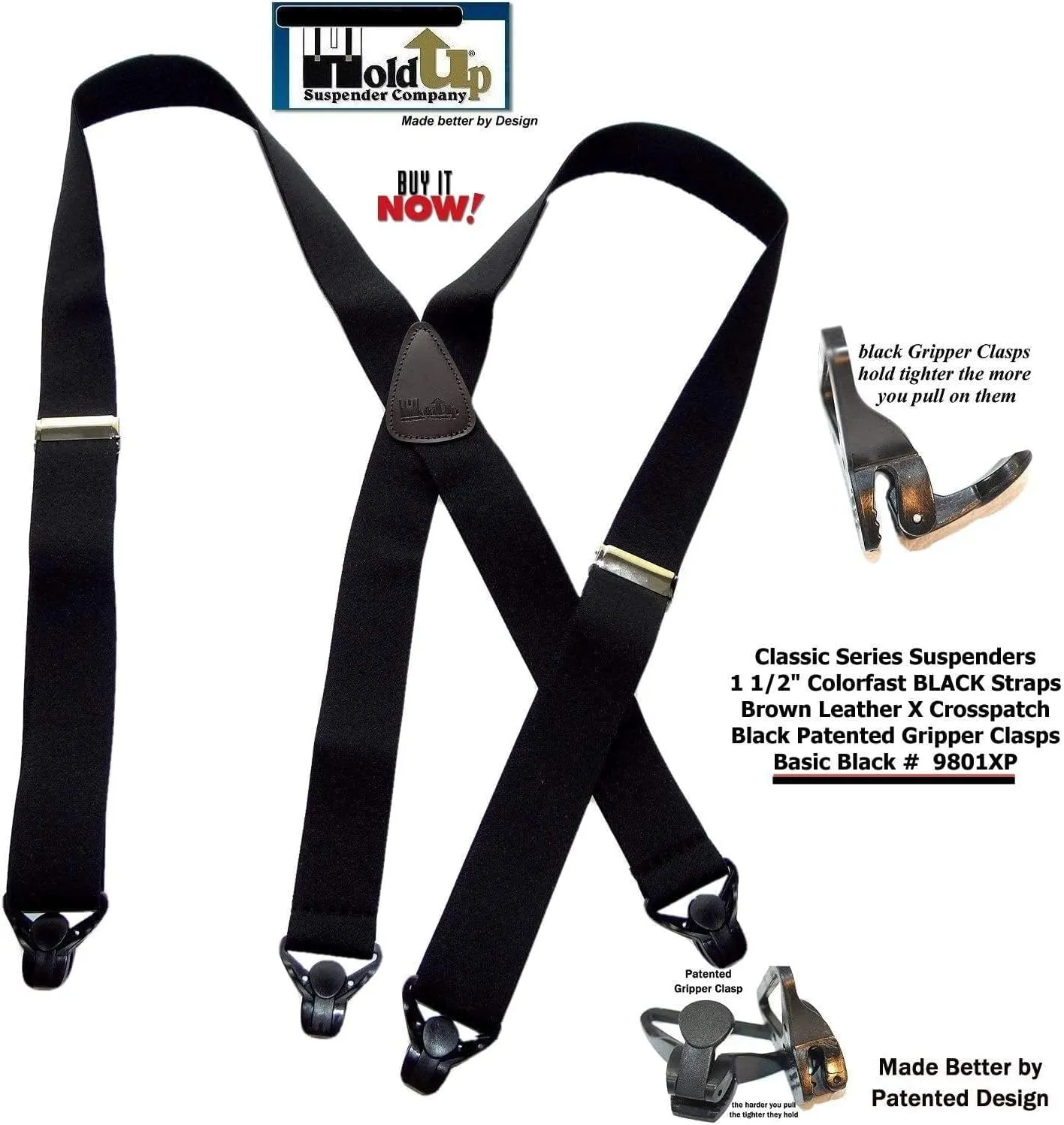 1 1/2" Wide Classic Series Holdups Suspenders for Men in X-back style w/USA Patented No-slip® Silver Clips
