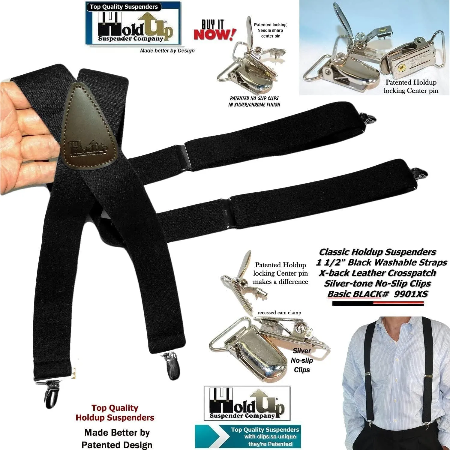 1 1/2" Wide Classic Series Holdups Suspenders for Men in X-back style w/USA Patented No-slip® Silver Clips
