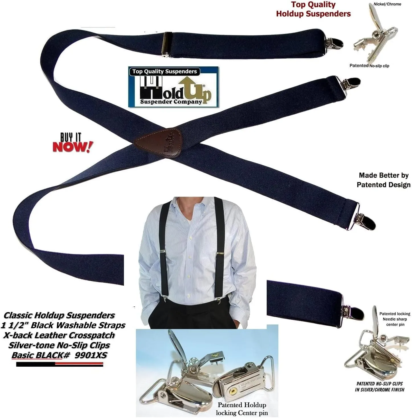 1 1/2" Wide Classic Series Holdups Suspenders for Men in X-back style w/USA Patented No-slip® Silver Clips