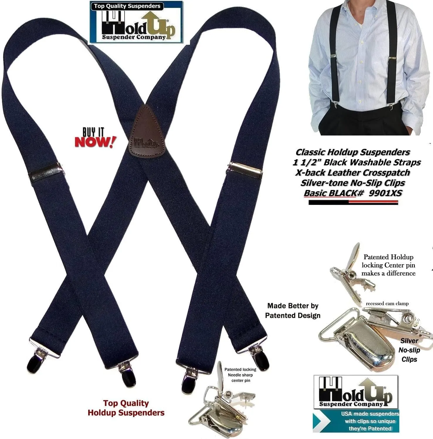 1 1/2" Wide Classic Series Holdups Suspenders for Men in X-back style w/USA Patented No-slip® Silver Clips