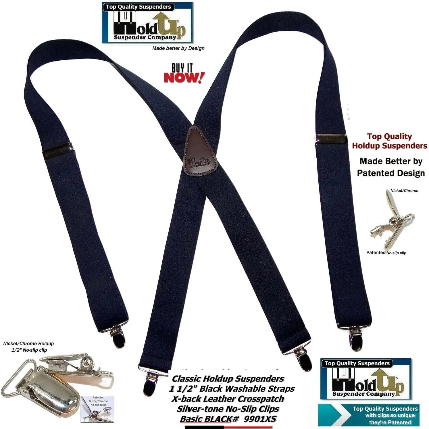 1 1/2" Wide Classic Series Holdups Suspenders for Men in X-back style w/USA Patented No-slip® Silver Clips