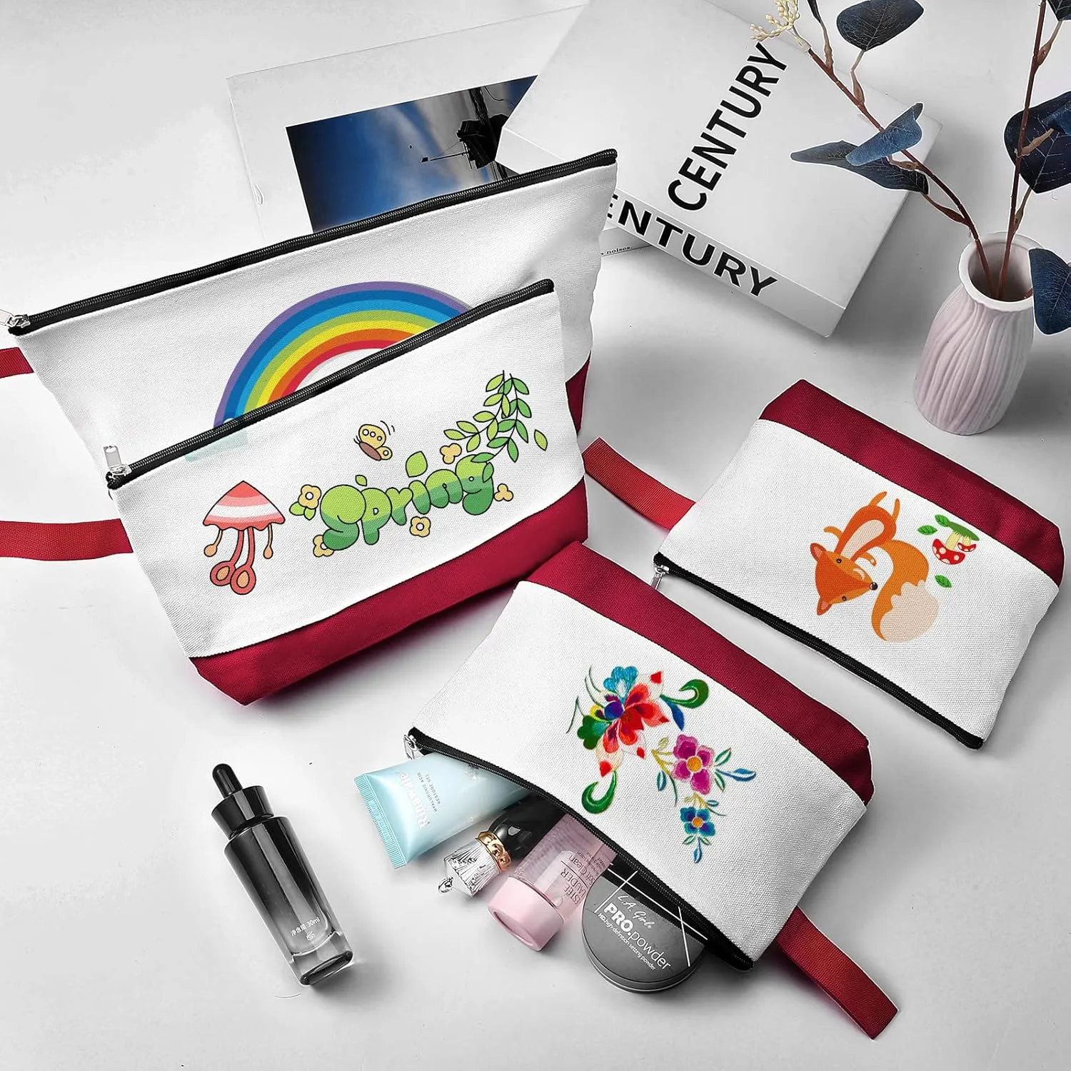 10 Pieces Cotton Canvas Makeup Bag with Bottom and Strap, Multi-Purpose Cosmetic Bag with Zipper Travel Toiletry Pouch, Blank DIY Craft Bag (White&Red, M)