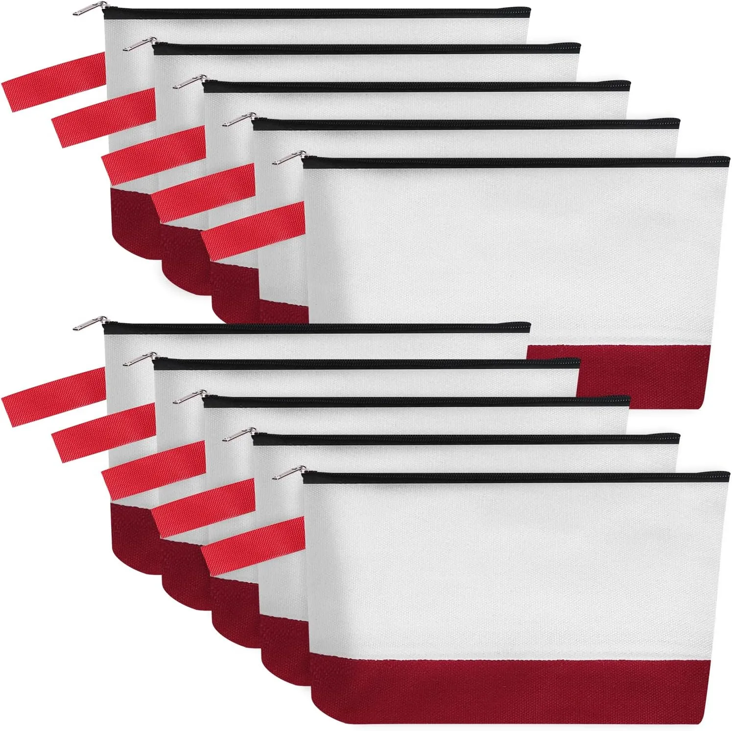 10 Pieces Cotton Canvas Makeup Bag with Bottom and Strap, Multi-Purpose Cosmetic Bag with Zipper Travel Toiletry Pouch, Blank DIY Craft Bag (White&Red, M)
