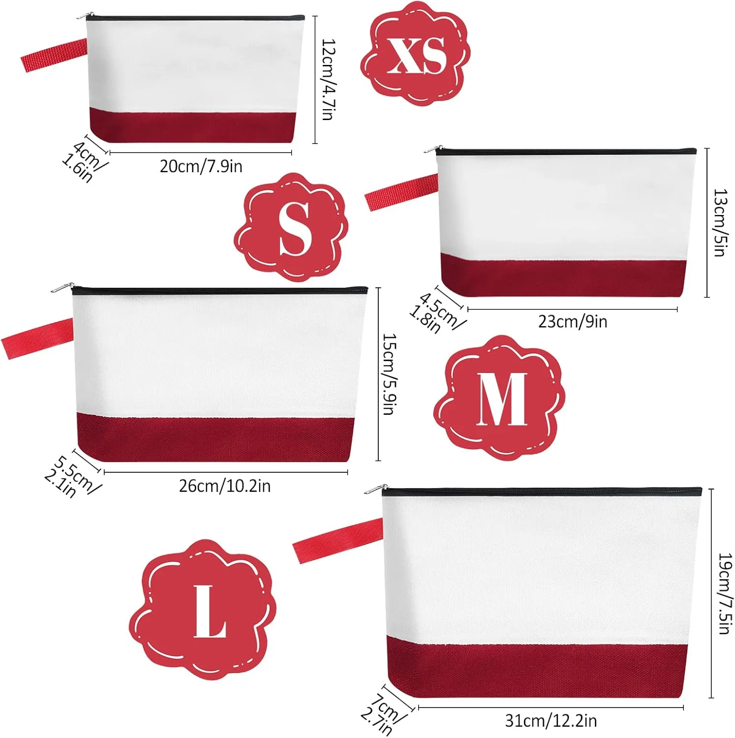 10 Pieces Cotton Canvas Makeup Bag with Bottom and Strap, Multi-Purpose Cosmetic Bag with Zipper Travel Toiletry Pouch, Blank DIY Craft Bag (White&Red, M)