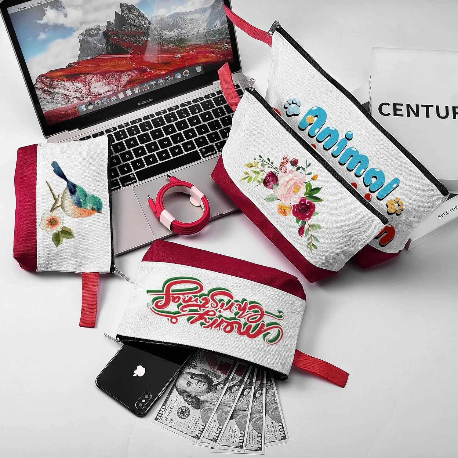 10 Pieces Cotton Canvas Makeup Bag with Bottom and Strap, Multi-Purpose Cosmetic Bag with Zipper Travel Toiletry Pouch, Blank DIY Craft Bag (White&Red, M)