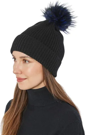 100% Real Cashmere Hat with Genuine Fox Fur Pom Pom – Ultra-Soft Knit Luxury Beanie for Women, One Size Cashmere
