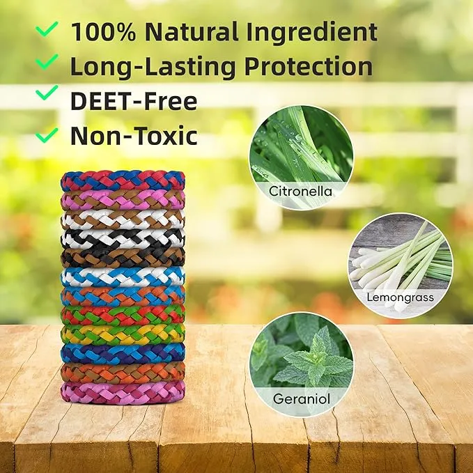 12 Pack Mosquito Repellent Bracelets, DEET-Free, Individually Wrapped PU Leather Insect & Bug Repellent Wrist Bands for Kids & Adults