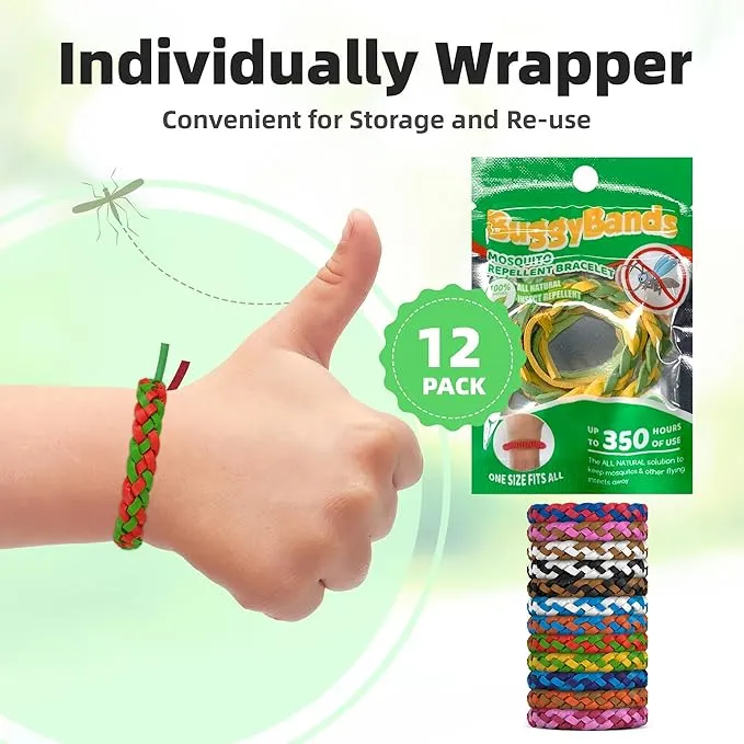 12 Pack Mosquito Repellent Bracelets, DEET-Free, Individually Wrapped PU Leather Insect & Bug Repellent Wrist Bands for Kids & Adults