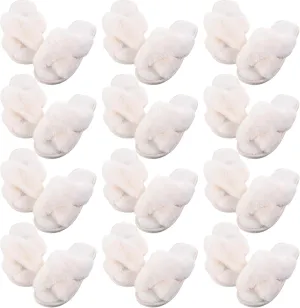 12 Pairs Women's Fuzzy Slippers Cross Band Open Toe Bridesmaid Fluffy Comfy House Slippers for Indoor Outdoor Wedding