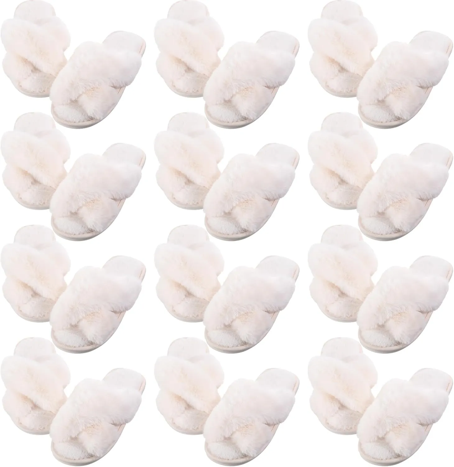 12 Pairs Women's Fuzzy Slippers Cross Band Open Toe Bridesmaid Fluffy Comfy House Slippers for Indoor Outdoor Wedding