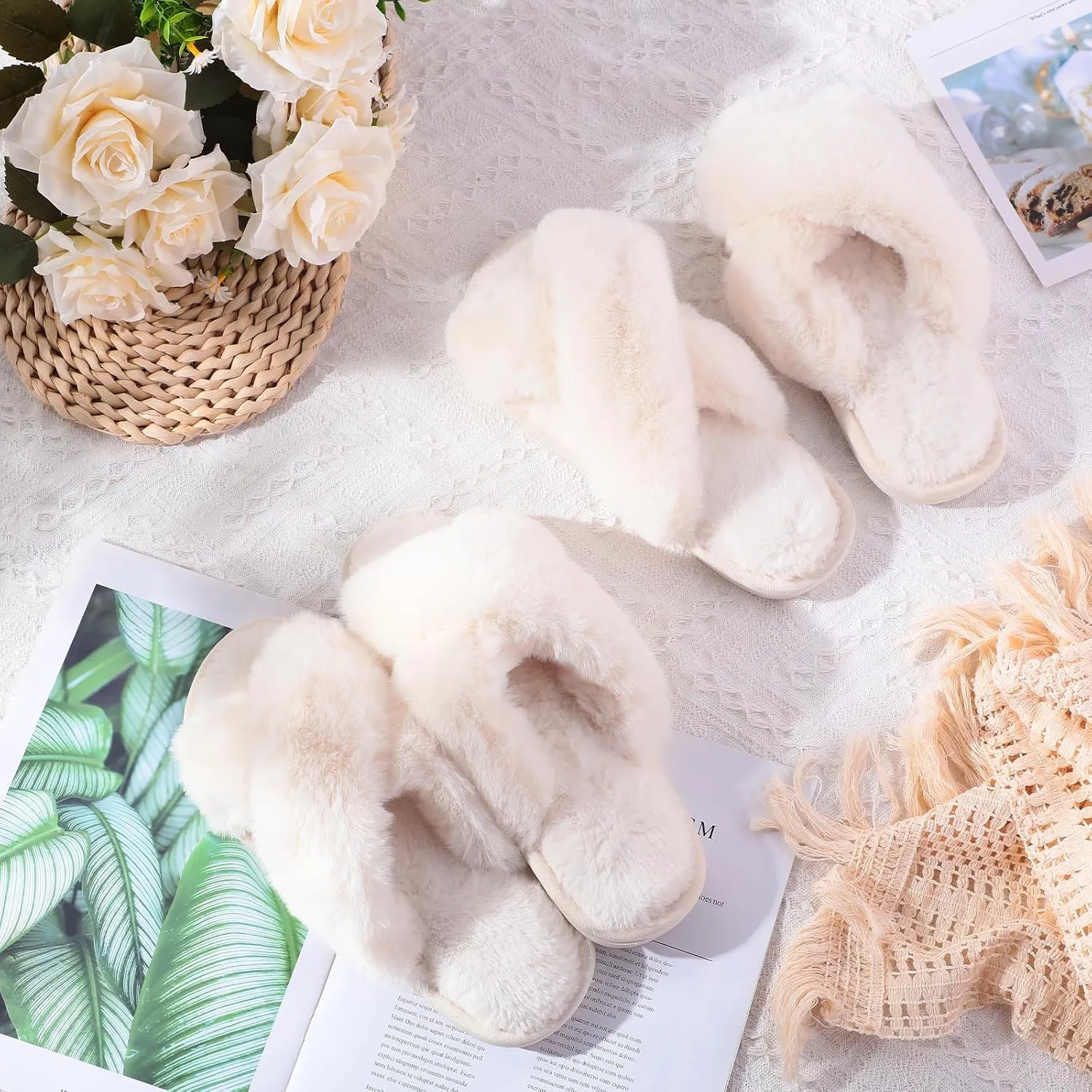 12 Pairs Women's Fuzzy Slippers Cross Band Open Toe Bridesmaid Fluffy Comfy House Slippers for Indoor Outdoor Wedding