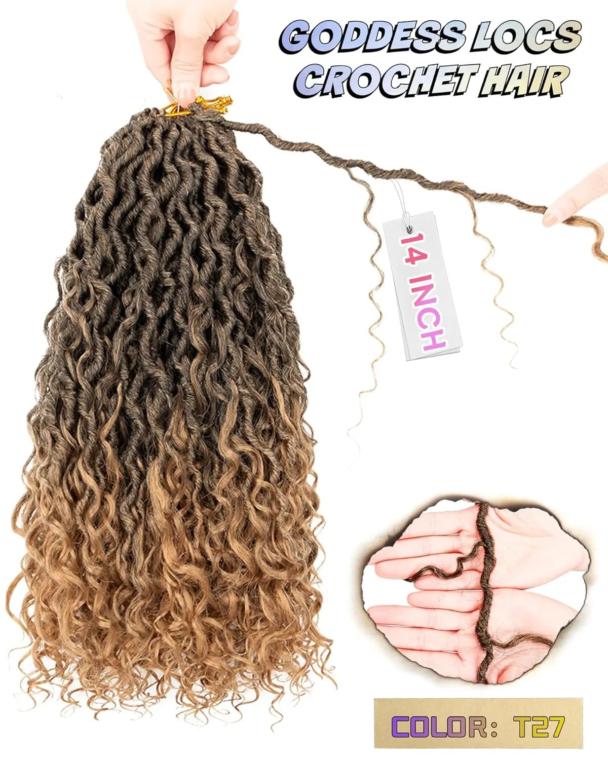 14 Inch 8 Packs Goddess Faux Locs Crochet Hair for Black Women-Ombre Blonde,Soft River Locs,Curly Faux Locs With Bohemian Curly Branch,Pre Looped Synthetic Braiding Hair Extensions (14"-8P,T1B/27)