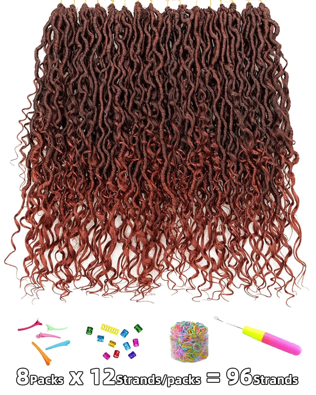 14 Inch 8 Packs Goddess Faux Locs Crochet Hair for Black Women-Ombre Ginger,Soft River Locs,Curly Faux Locs With Bohemian Curly Branch,Pre Looped Synthetic Braiding Hair Extensions(14"-8P,T1B/350)