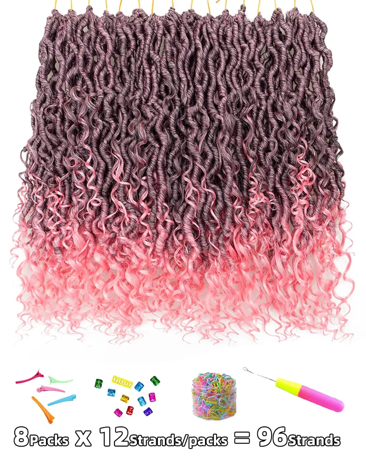 14 Inch 8 Packs Goddess Faux Locs Crochet Hair for Black Women-Ombre Pink,Soft River Locs,Curly Faux Locs With Bohemian Curly Branch,Pre Looped Synthetic Braiding Hair Extensions(14"-8P,T1B/PINK)