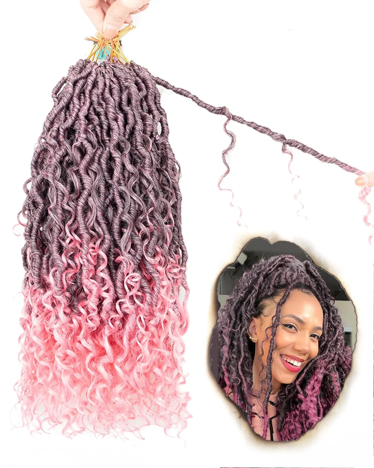 14 Inch 8 Packs Goddess Faux Locs Crochet Hair for Black Women-Ombre Pink,Soft River Locs,Curly Faux Locs With Bohemian Curly Branch,Pre Looped Synthetic Braiding Hair Extensions(14"-8P,T1B/PINK)