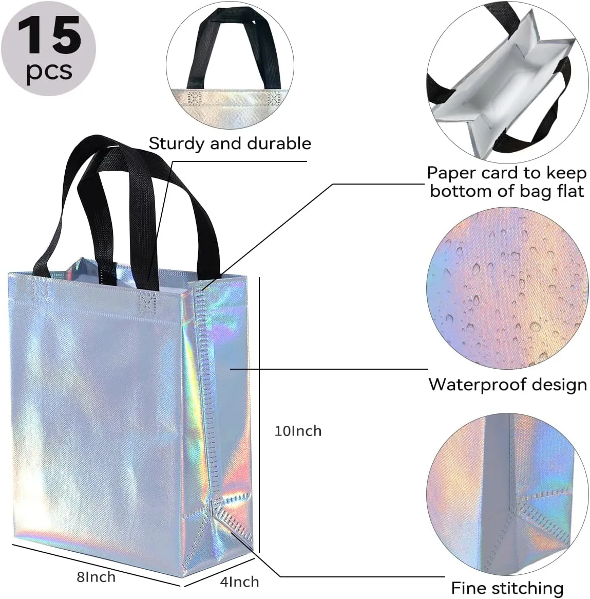 15Pcs Gift Bags Medium Size,Party Favor Bags With Handles, Iridescent Reusable Shopping For Wedding Favors,Bachelorette Party,Birthday,Shopping, Mother's Day Gift 8x4x10