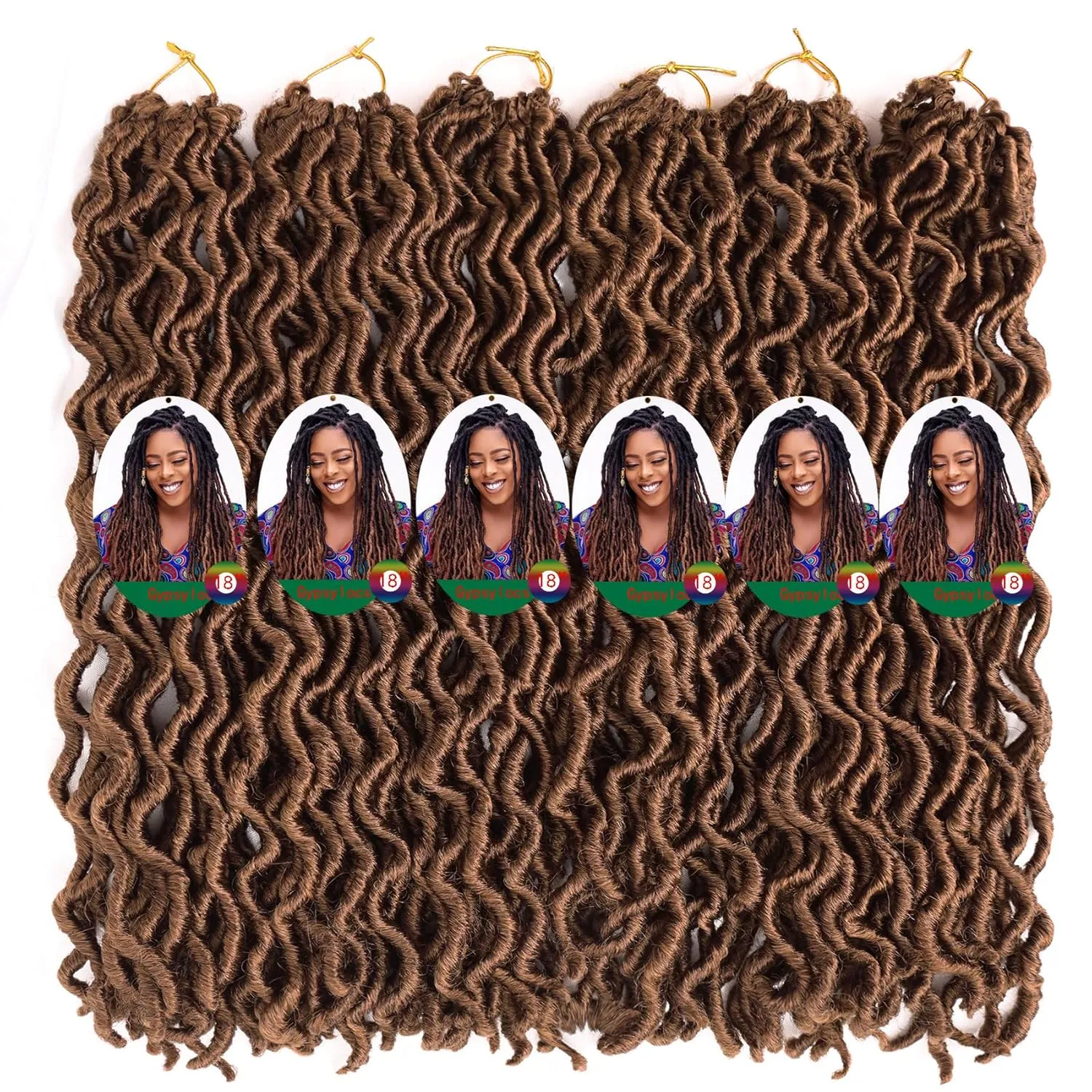 18 Inch Brown Goddess Faux locs Crochet Hair 6 Packs Soft Gypsy Locs Wavy Crochet Braids Dreadlocks 3 Tone Curly Wavy Twist Braiding Hair Extensions African Roots Braid, 30#