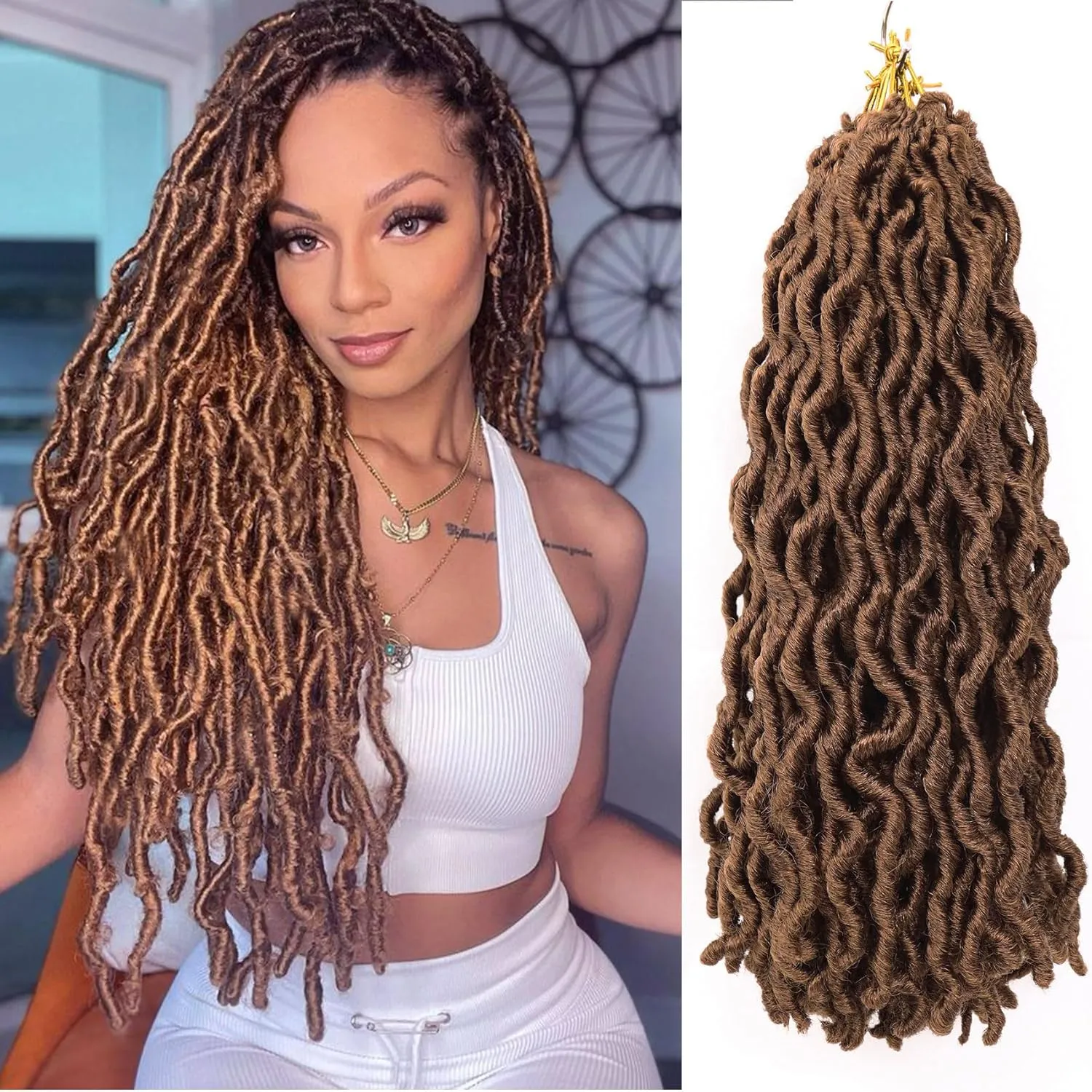 18 Inch Brown Goddess Faux locs Crochet Hair 6 Packs Soft Gypsy Locs Wavy Crochet Braids Dreadlocks 3 Tone Curly Wavy Twist Braiding Hair Extensions African Roots Braid, 30#