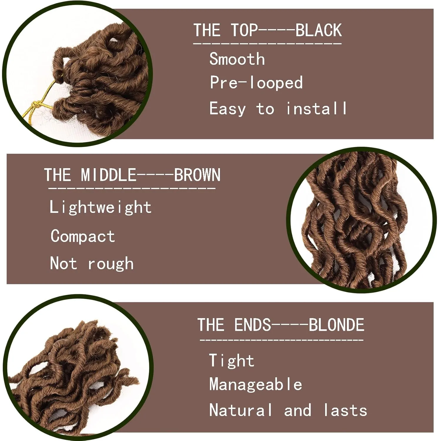 18 Inch Brown Goddess Faux locs Crochet Hair 6 Packs Soft Gypsy Locs Wavy Crochet Braids Dreadlocks 3 Tone Curly Wavy Twist Braiding Hair Extensions African Roots Braid, 30#