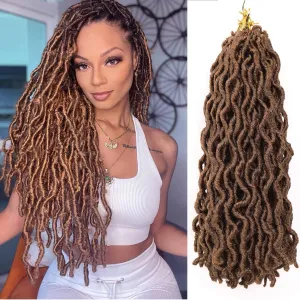 18 Inch Brown Goddess Faux locs Crochet Hair 6 Packs Soft Gypsy Locs Wavy Crochet Braids Dreadlocks 3 Tone Curly Wavy Twist Braiding Hair Extensions African Roots Braid, 30#