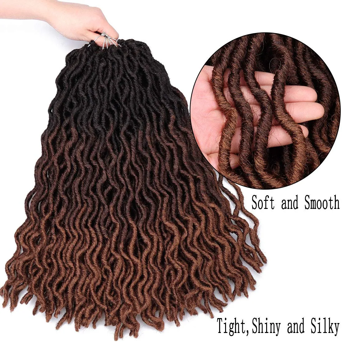 18 Inch Goddess Faux locs Crochet Hair 6 Packs/Lot Soft Gypsy Locs Wavy Crochet Braids Dreadlocks 3Tone Curly Wavy Twist Braiding Hair Extensions African Roots Braid（# 1B/4/30#)
