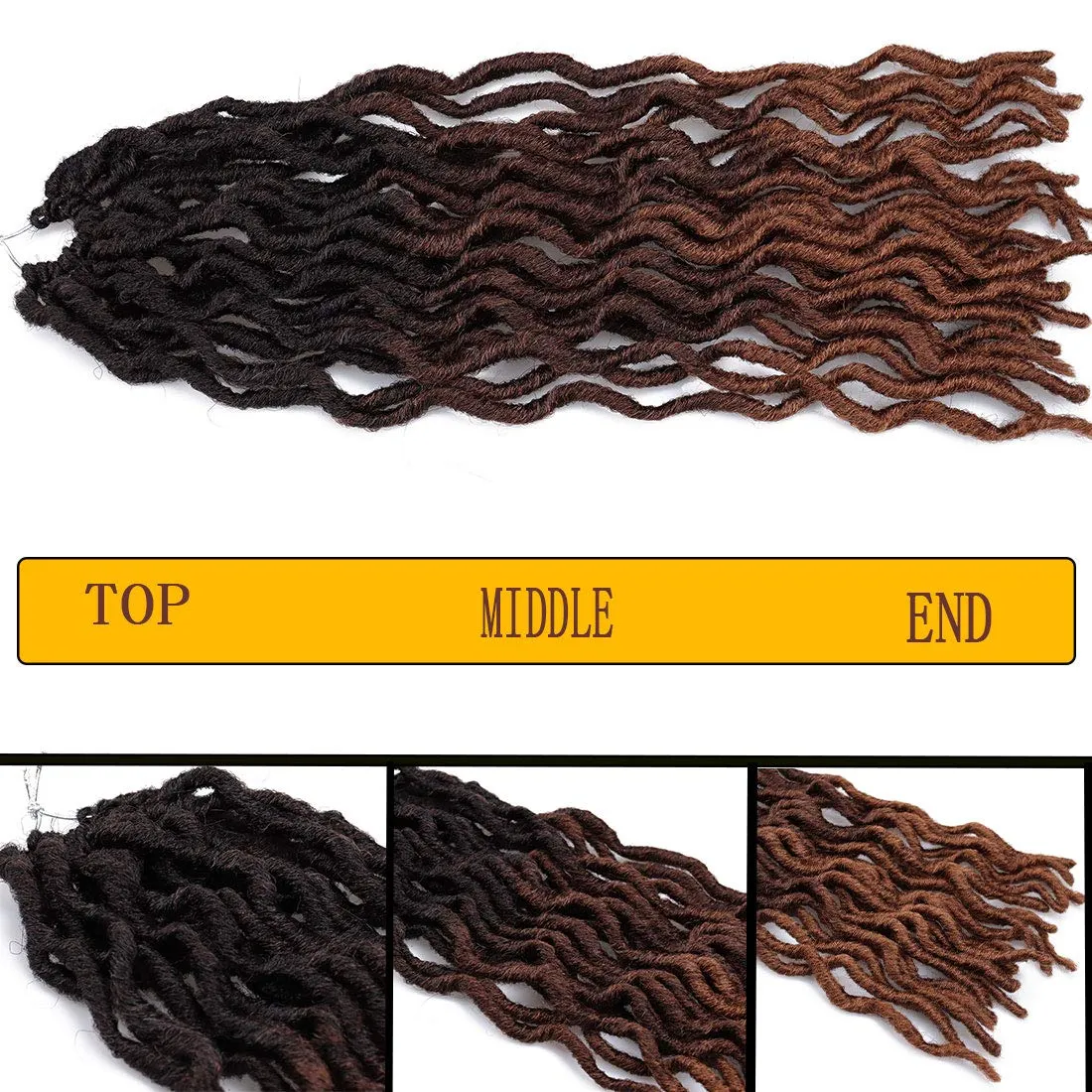 18 Inch Goddess Faux locs Crochet Hair 6 Packs/Lot Soft Gypsy Locs Wavy Crochet Braids Dreadlocks 3Tone Curly Wavy Twist Braiding Hair Extensions African Roots Braid（# 1B/4/30#)