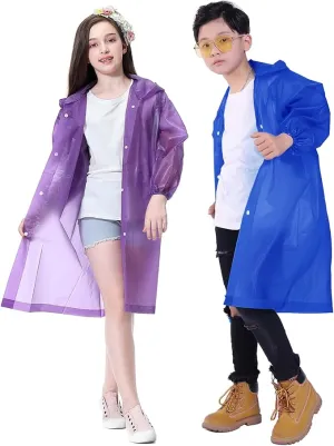 2 Pack Rain Ponchos for Kids, Reusable Kids Rain Jacket with Hood Waterproof Raincoats for Boys and Girls