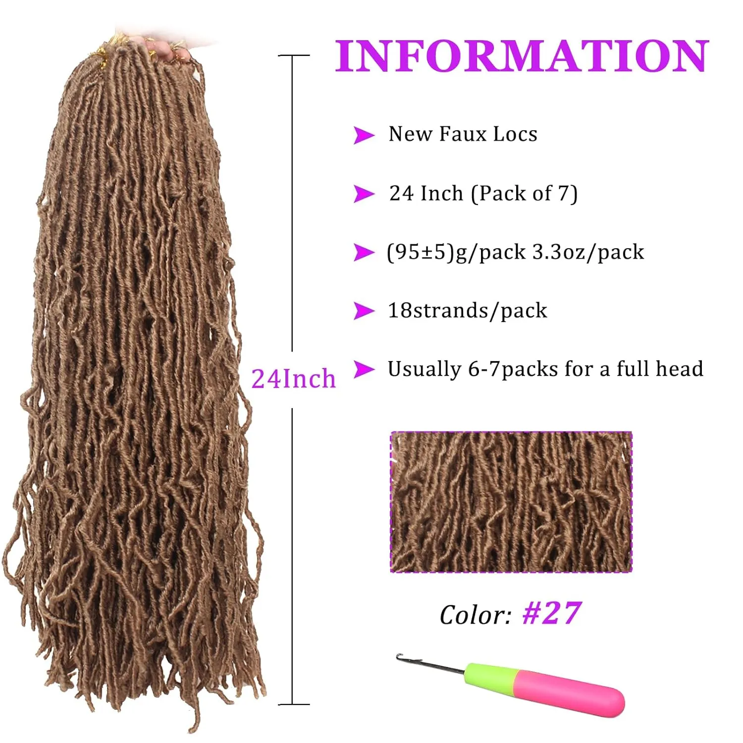 24 Inch 7 Packs/Lot New Faux Locs Crochet Hair Pre-Looped Light Brown Soft Locs Crochet Twist Braiding Hair Synthetic Goddess Locs Curly Wavy Crochet Braids Hair for Black Women (24 Inch, 27#)