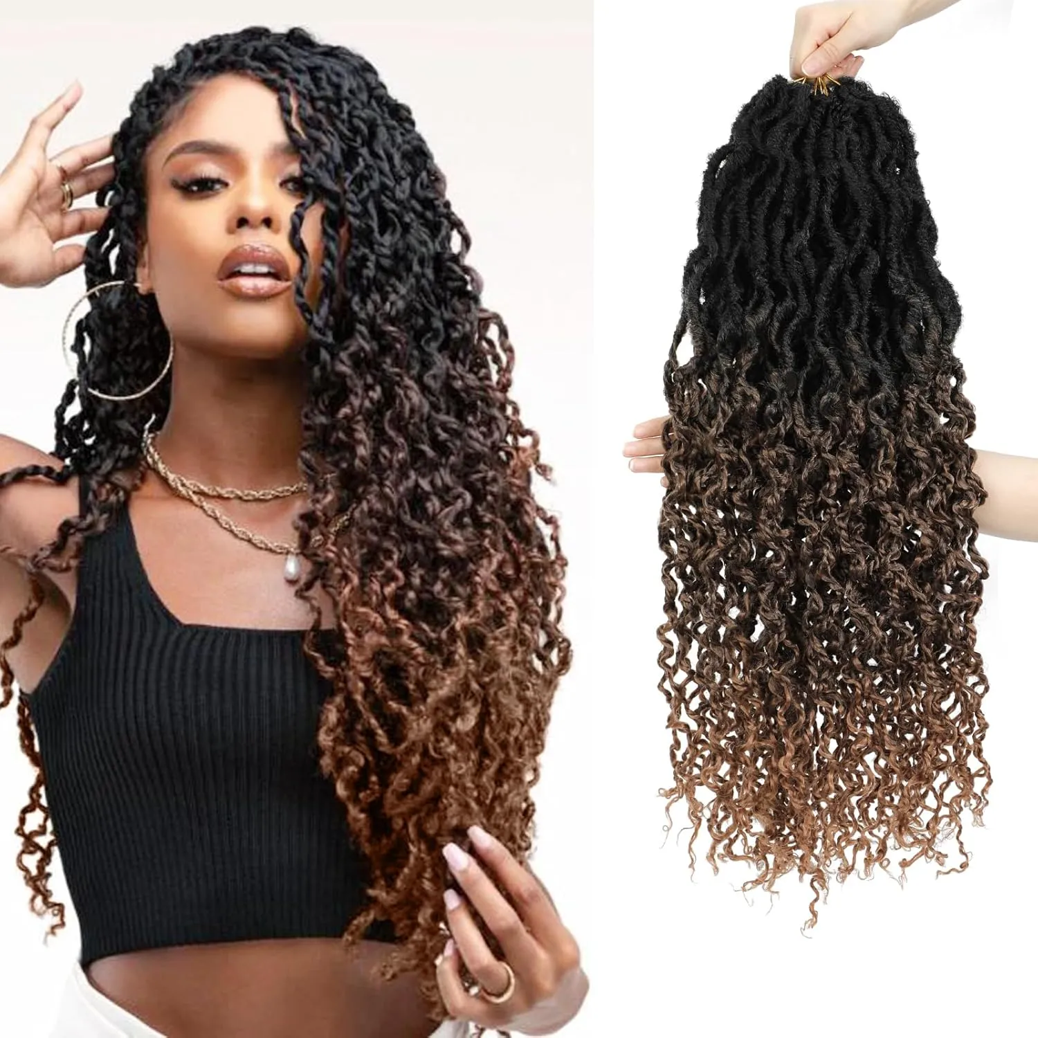 24 Inch Pre-looped Goddess Locs Crochet Hair Ombre Faux Locs Crochet Hair for Women Crochet Soft Hair 7 Packs Synthetic Bohemian Curly Senegalese Twist for Women Girls(#1B/4/30)