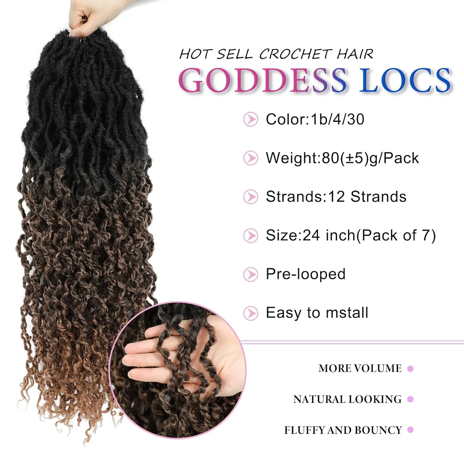 24 Inch Pre-looped Goddess Locs Crochet Hair Ombre Faux Locs Crochet Hair for Women Crochet Soft Hair 7 Packs Synthetic Bohemian Curly Senegalese Twist for Women Girls(#1B/4/30)