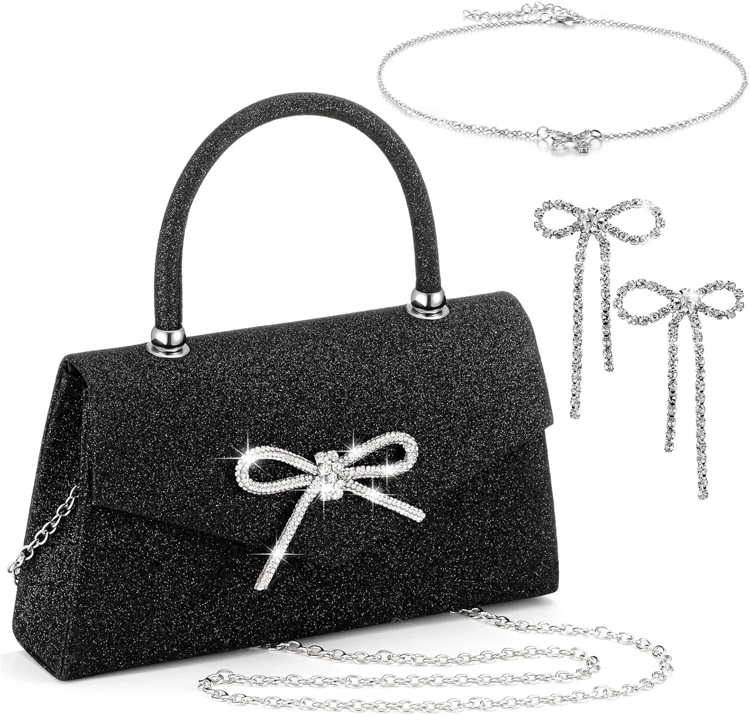 3 Pcs Clutch Bag Jewelry Set Black Bow Clutch Purse with Silver Bow Necklace and Earrings Glitter Evening Handbags Shiny Jewelry Gift for Women Wedding Party Cocktail Prom