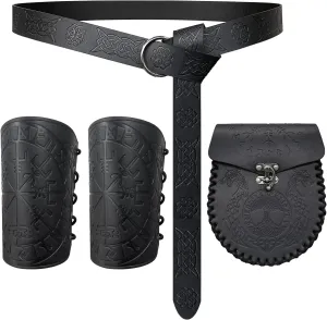 3 PCs Medieval Faux Leather Renaissance Accessories, Viking Embossed Arm Guards Retro O Ring Belt, Vintage Belt Bag