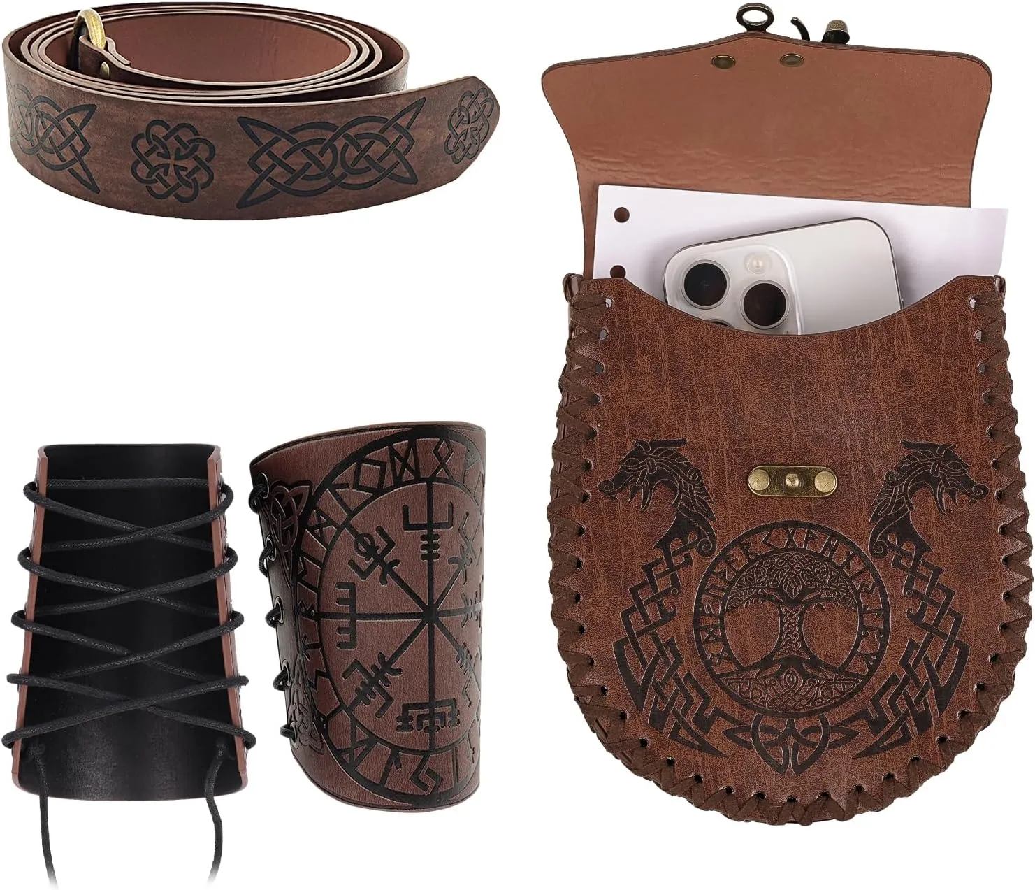 3 PCs Medieval Faux Leather Renaissance Accessories, Viking Embossed Arm Guards Retro O Ring Belt, Vintage Belt Bag