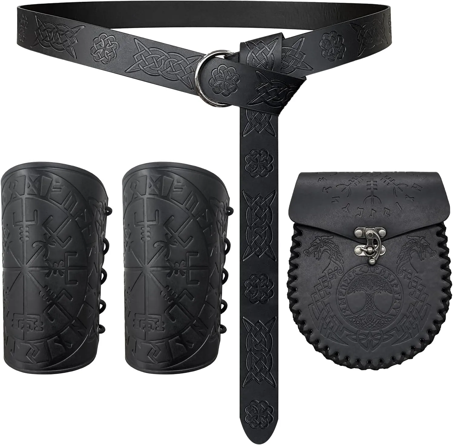 3 PCs Medieval Faux Leather Renaissance Accessories, Viking Embossed Arm Guards Retro O Ring Belt, Vintage Belt Bag