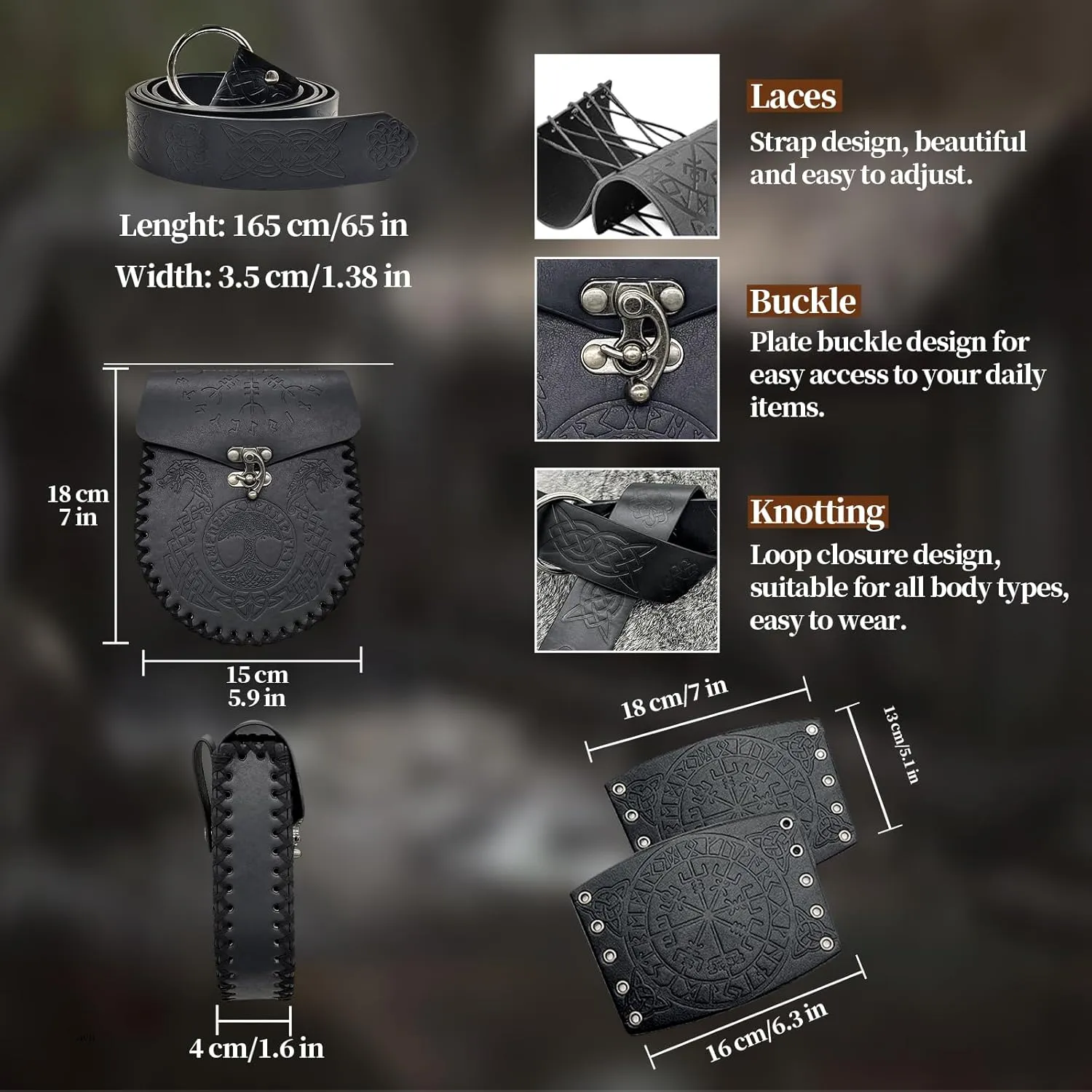 3 PCs Medieval Faux Leather Renaissance Accessories, Viking Embossed Arm Guards Retro O Ring Belt, Vintage Belt Bag