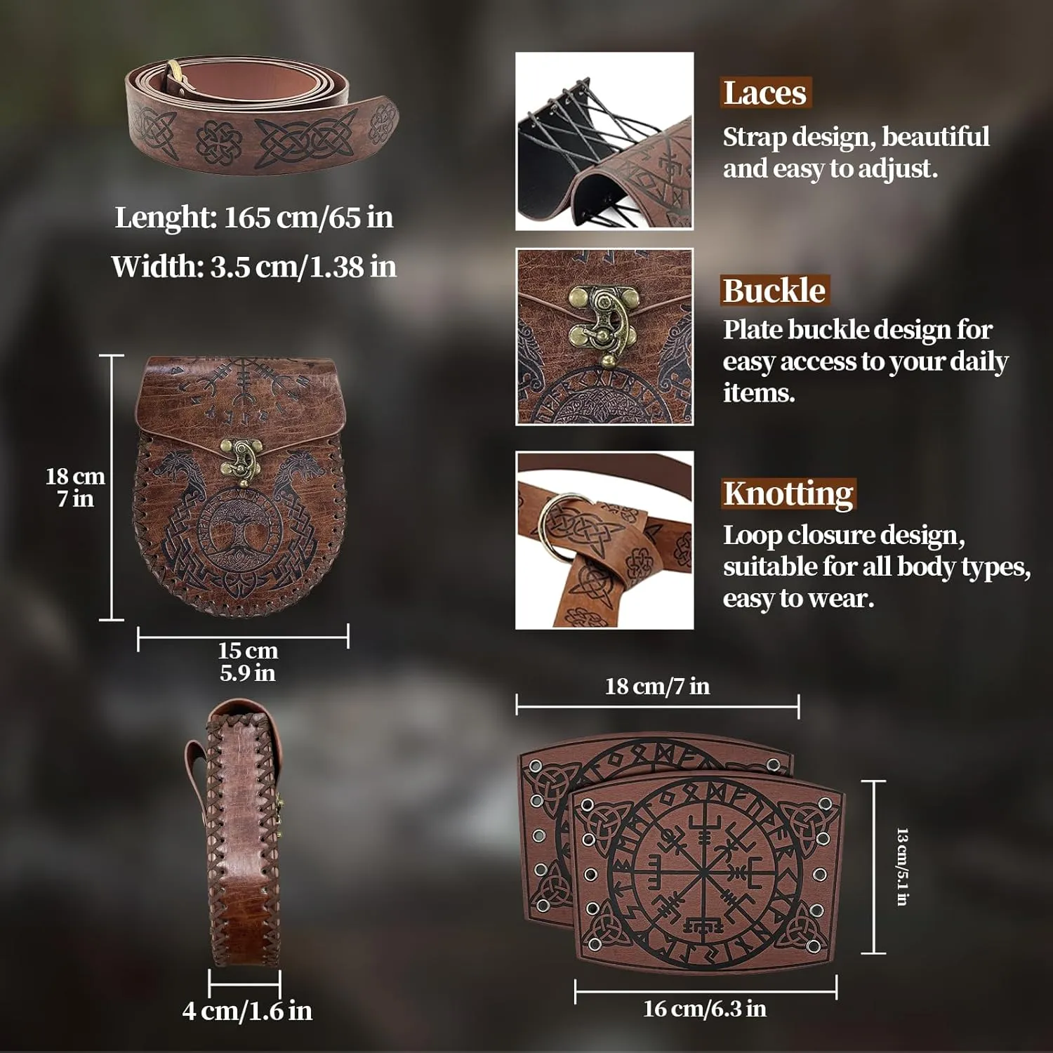 3 PCs Medieval Faux Leather Renaissance Accessories, Viking Embossed Arm Guards Retro O Ring Belt, Vintage Belt Bag