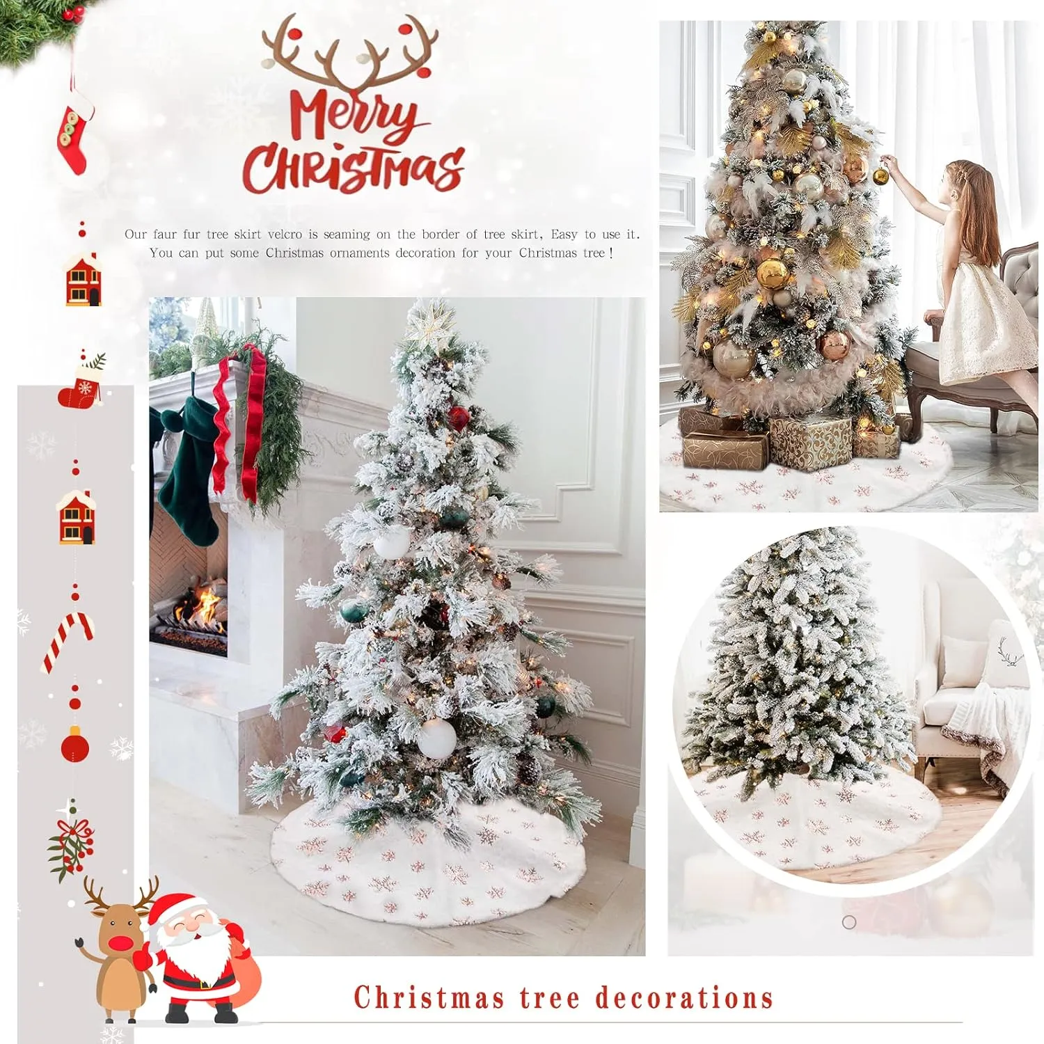 48 Inch Christmas Tree Skirt White Faux Fur with Sequin Snowflakes Large Rose Gold Thick Xmas Plush Tree Skirt Ornaments