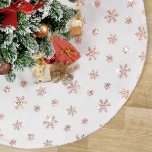 48 Inch Christmas Tree Skirt White Faux Fur with Sequin Snowflakes Large Rose Gold Thick Xmas Plush Tree Skirt Ornaments