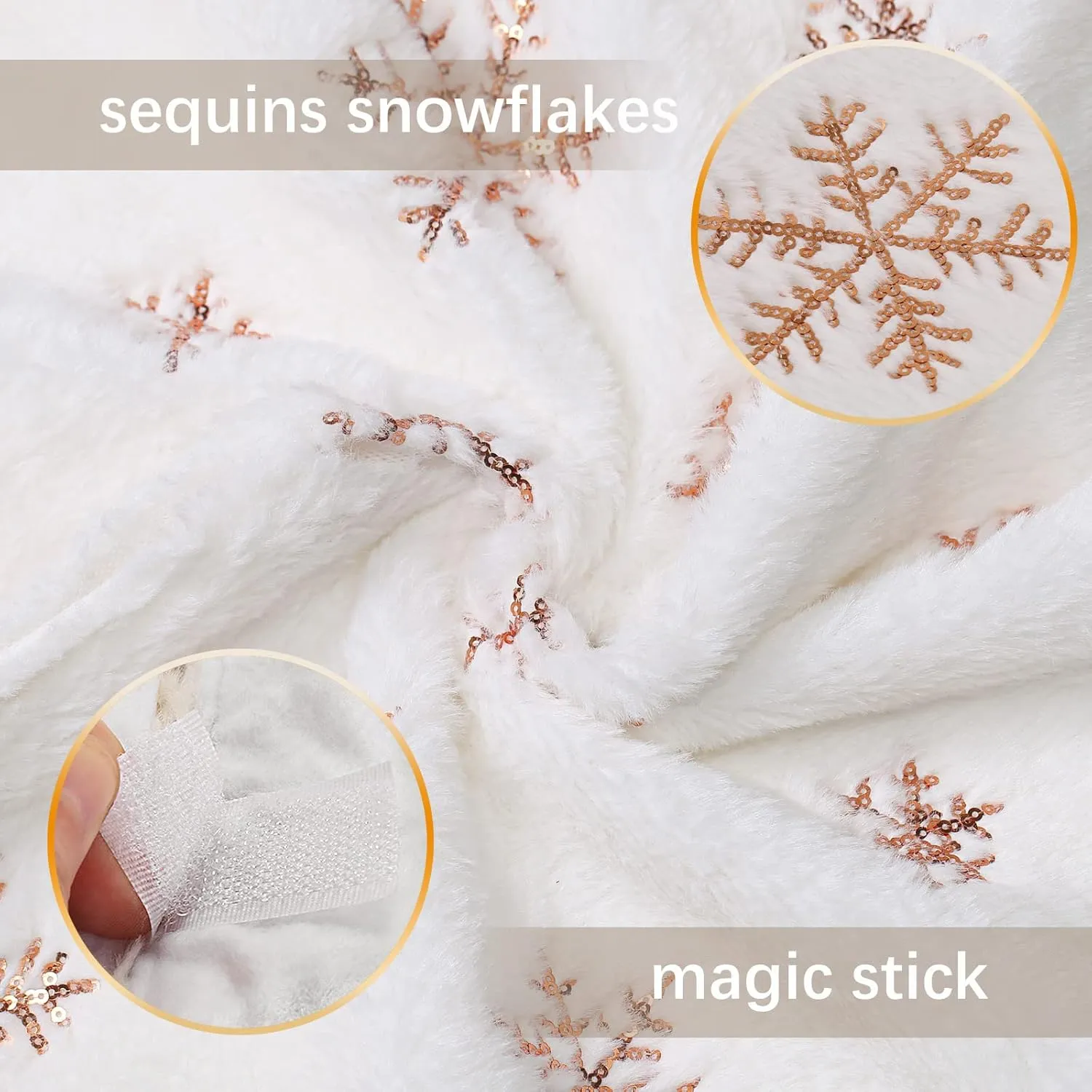48 Inch Christmas Tree Skirt White Faux Fur with Sequin Snowflakes Large Rose Gold Thick Xmas Plush Tree Skirt Ornaments
