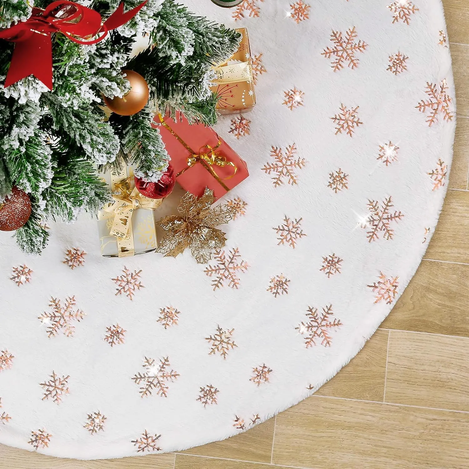 48 Inch Christmas Tree Skirt White Faux Fur with Sequin Snowflakes Large Rose Gold Thick Xmas Plush Tree Skirt Ornaments