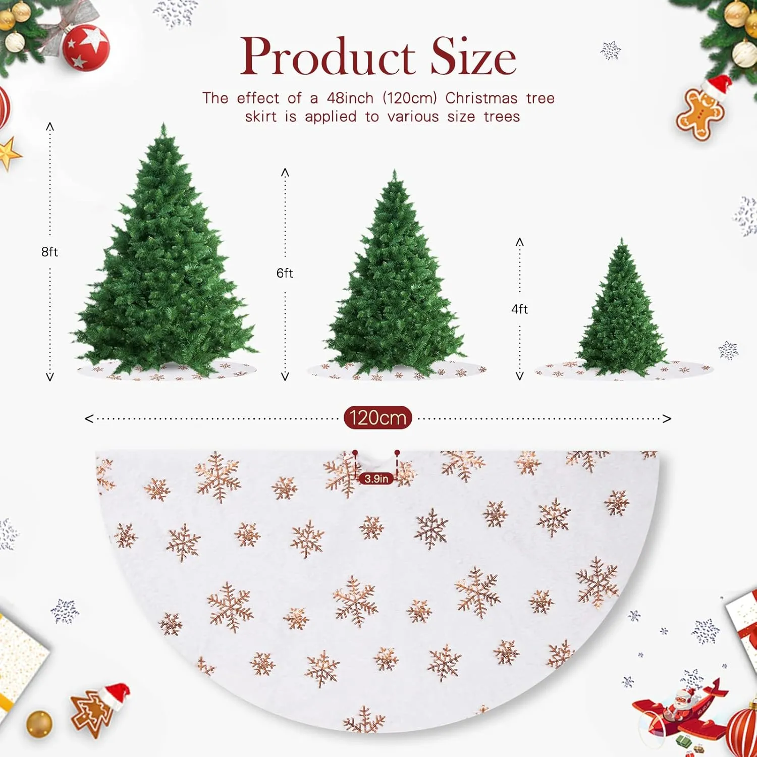 48 Inch Christmas Tree Skirt White Faux Fur with Sequin Snowflakes Large Rose Gold Thick Xmas Plush Tree Skirt Ornaments