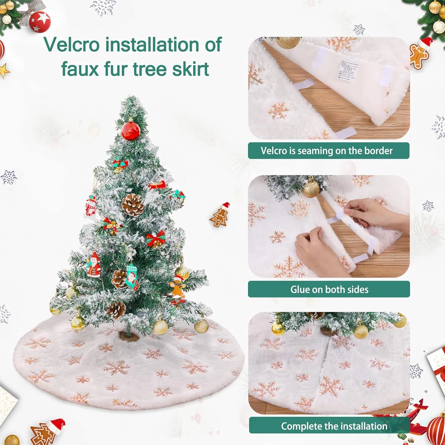 48 Inch Christmas Tree Skirt White Faux Fur with Sequin Snowflakes Large Rose Gold Thick Xmas Plush Tree Skirt Ornaments