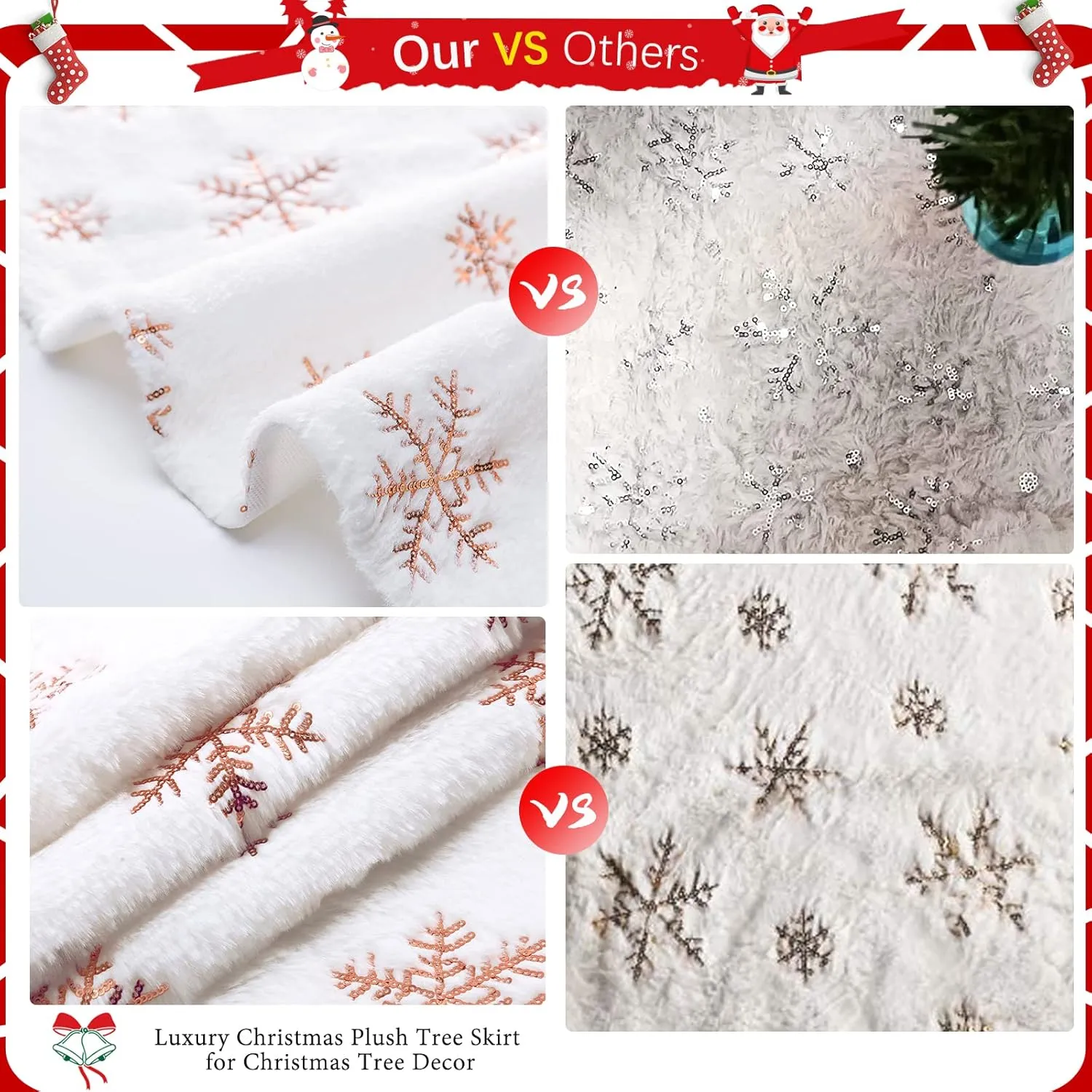 48 Inch Christmas Tree Skirt White Faux Fur with Sequin Snowflakes Large Rose Gold Thick Xmas Plush Tree Skirt Ornaments