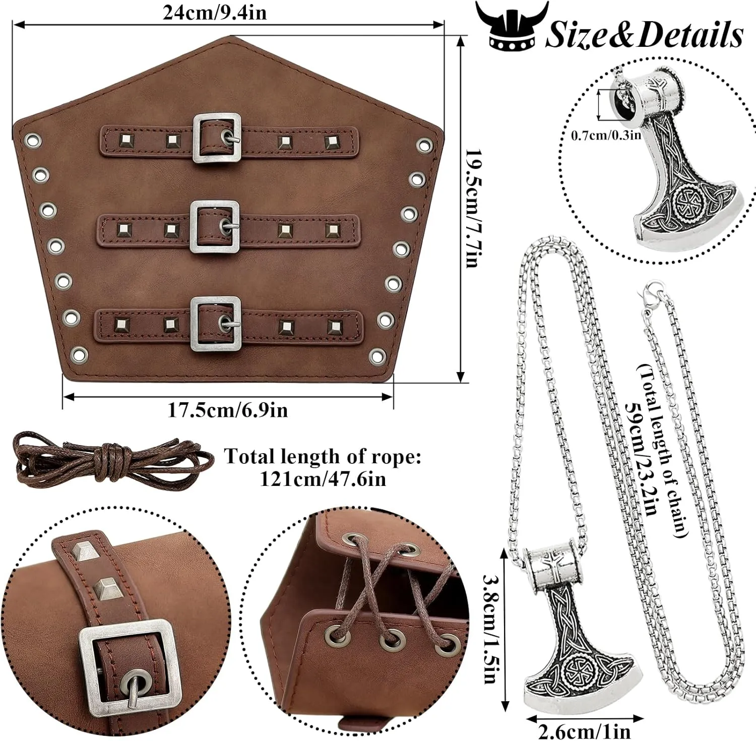 5pcs Medieval Viking Knight Bracers Arm Guards,Knight Belt,Drawstring Purse Pouch Bag and Stainless Steel Chain Axe Necklace Set for Renaissance Faires,LARP events,Halloween costumes,5 brwon set