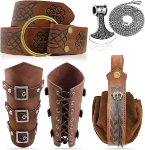 5pcs Medieval Viking Knight Bracers Arm Guards,Knight Belt,Drawstring Purse Pouch Bag and Stainless Steel Chain Axe Necklace Set for Renaissance Faires,LARP events,Halloween costumes,5 brwon set