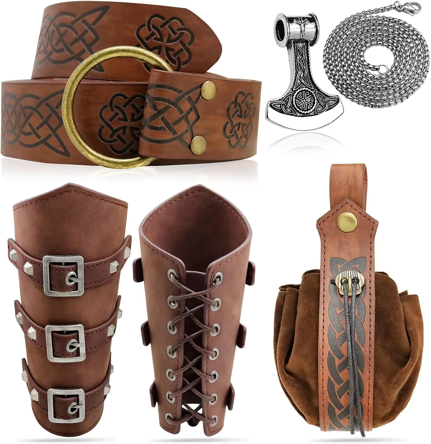 5pcs Medieval Viking Knight Bracers Arm Guards,Knight Belt,Drawstring Purse Pouch Bag and Stainless Steel Chain Axe Necklace Set for Renaissance Faires,LARP events,Halloween costumes,5 brwon set
