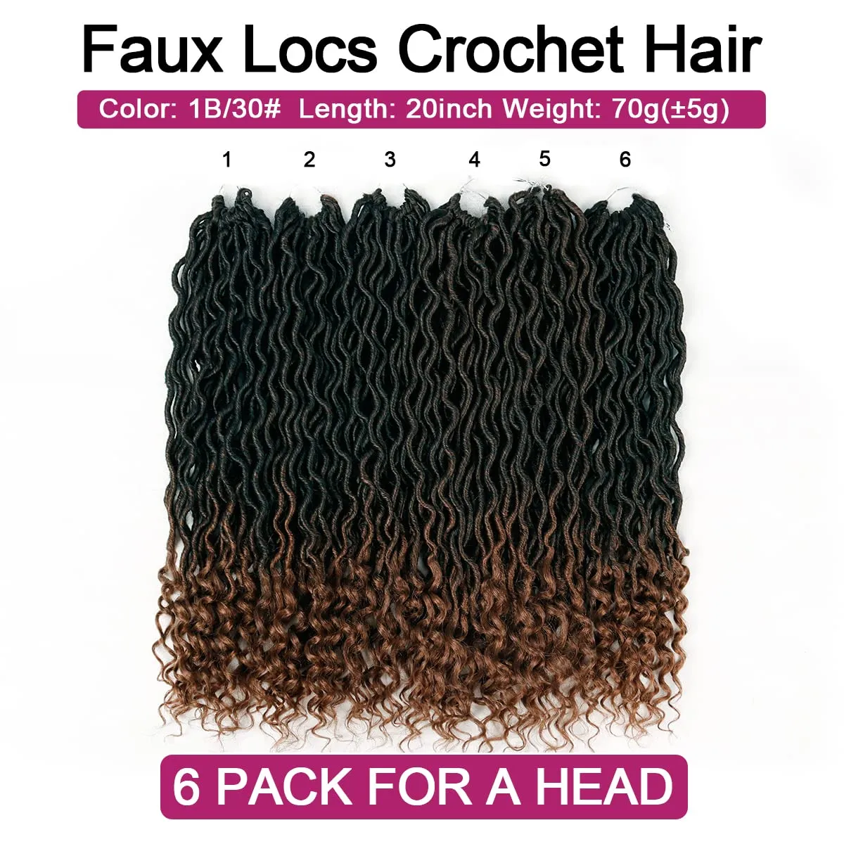 6 Packs Goddess Faux Locs Crochet Hair 20 Inch Wavy Faux Locs Braiding Hair with Curly Ends Soft Goddess Locs Synthetic Braids Hair Extensions(20Inch, 1B/30#)