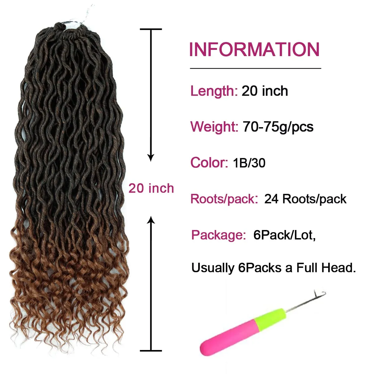 6 Packs Goddess Faux Locs Crochet Hair 20 Inch Wavy Faux Locs Braiding Hair with Curly Ends Soft Goddess Locs Synthetic Braids Hair Extensions(20Inch, 1B/30#)